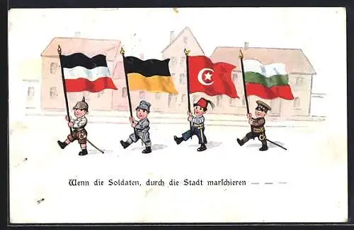 Künstler-AK Ad. Hoffmann: Kleine Soldaten von der Türkei, Deutsches Reich, Österreich und Ungarn marschieren gemeinsam