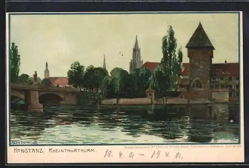 Künstler-AK Zeno Diemer: Konstanz, Rheinthorthurm und Brücke