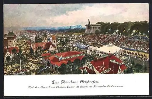 Künstler-AK Zeno Diemer: München, Blick über das Oktoberfest mit Gästen, Zelte, Fahnen