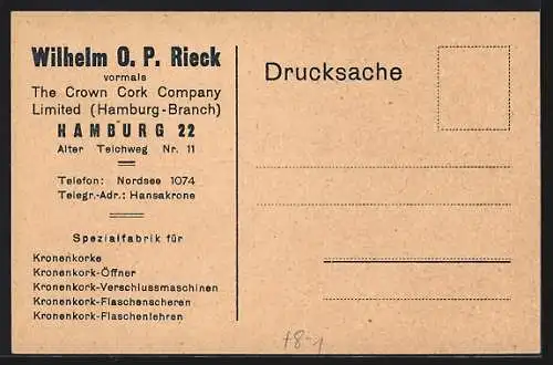 Künstler-AK Hamburg, Reklame für Kronenkorken der Firma Wilhelm O. P. Rieck, Alter Teichweg 11
