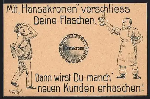 Künstler-AK Hamburg, Reklame für Kronenkorken Hansakrone der Firma Wilhelm O. P. Rieck, Alter Teichweg 11