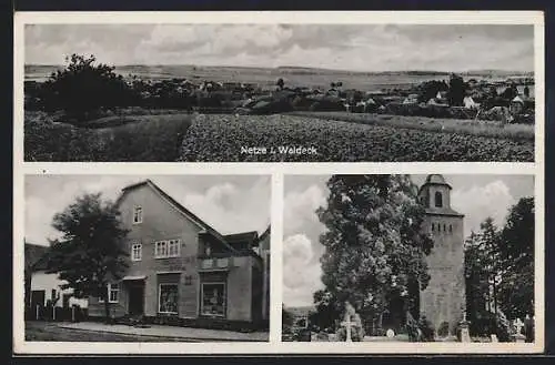 AK Netze i. Waldeck, Gasthaus Deutsches Haus, Bes. F. Brand, Kirche mit Friedhof