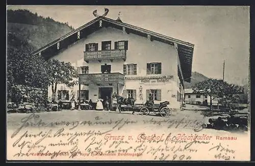 AK Ramsau / Berchtesgaden, Gasthof zum Hochhalter mit Kutsche und Besuchern