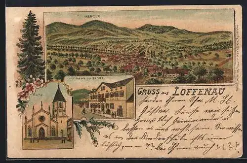 Lithographie Loffenau, Gasthaus zur Sonne, Kirche und Totalansicht
