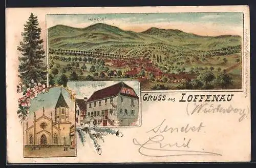 Lithographie Loffenau, Gasthaus zum Löwen, Kirche und Totalansicht