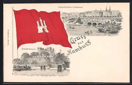 Lithographie Hamburg, Deutsche Seewarte, Lombardsbrücke und Alsterdamm, Fahne mit Wappen