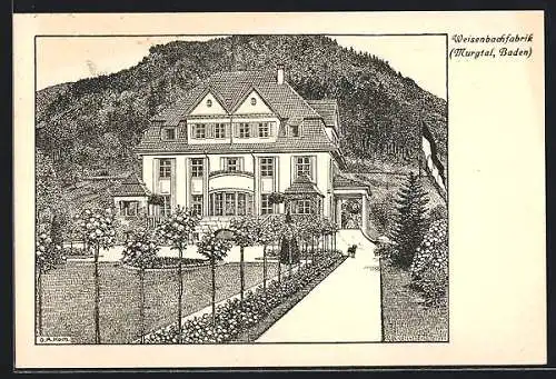 Künstler-AK Weisenbach /Murgtal, Weisenbachfabrik, Villa mit Garten