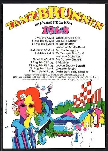 Künstler-AK Köln-Deutz, Tanzbrunnen im Rheinpark 1968, Hippie / Flower Power