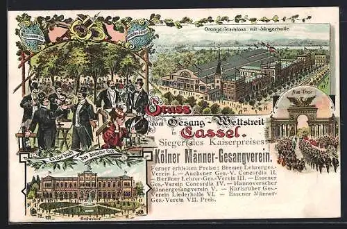 Lithographie Kassel, Gesangs-Wettstreit, Kölner Männer-Gesangsverein, Orangerieschloss mit Sängerhalle & Bahnhof