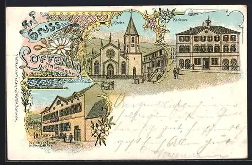 Lithographie Loffenau /Württemberg, Gasthaus zur Sonne v. Emil Fieg, Kirch, Rathaus