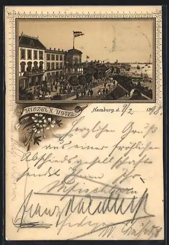 Lithographie Hamburg-St.Pauli, Wiezel`s Hotel mit Blick auf den Hafen