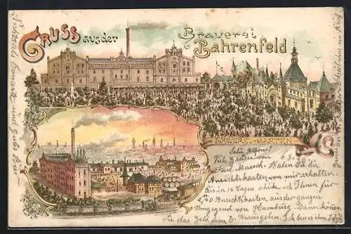 Lithographie Hamburg-Bahrenfeld, Brauerei mit Brauerei-Garten, Blick zum Ort, Eisenbahn