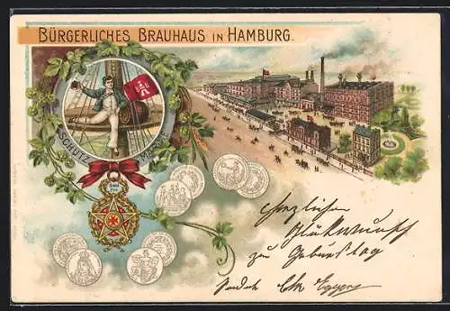 Lithographie Hamburg, Blick auf das Bürgerliche Brauhaus, Schutzmarke