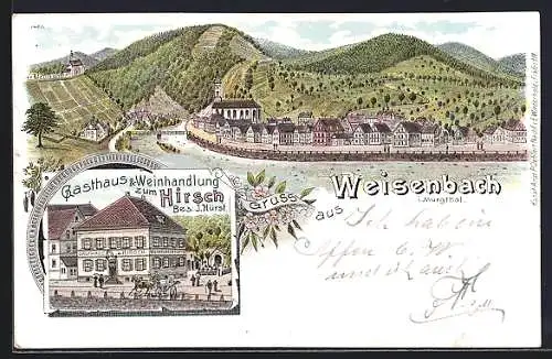 Lithographie Weisenbach i. Murgthal, Gasthaus & Weinhandlung zum Hirsch v. J. Hürst, Ortsansicht