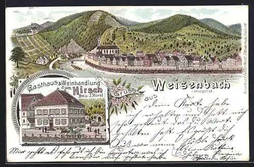 Lithographie Weisenbach i. Murgthal, Gasthaus zum Hirsch v. J. Hürst, Ortsansicht am Fluss