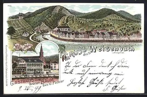 Lithographie Weisenbach i. Murgthal, Gasthaus zum Grünen Baum von C. Föckler, Ortsansicht am Wasser