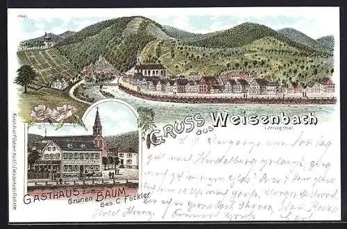 Lithographie Weisenbach i. Murgthal, Gasthaus zum Grünen Baum v. C. Föckler, Ortsansicht