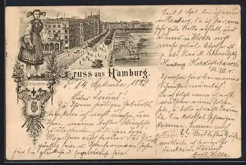 Vorläufer-Lithographie Hamburg-Neustadt, 1889, Jungfernstieg mit Passanten, Vierländerin in Tracht