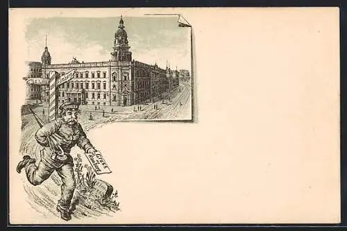 Lithographie Hamburg, Stadtpartie, Eilender Briefträger mit Schirm und Tasche an Wegweiser nach Hamburg