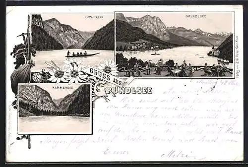 Vorläufer-Lithographie Grundlsee, 1895, Restaurant, Toplitzsee und Kammersee im Edelweiss-Passepartout