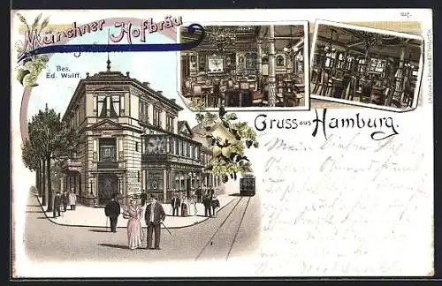 Lithographie Hamburg, Gasthaus Münchner Hofbräu, Kleine Rosenstrasse 16, Bes. Ed. Wulf