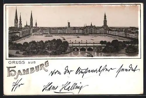 Vorläufer-Lithographie Hamburg-St.Georg, 1892, Teilansicht mit Alsterbassin