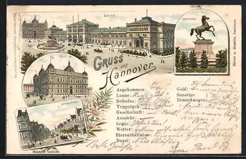 Vorläufer-Lithographie Hannover, 1895, Bahnhof, Sachsenross, Königsstrasse und Post