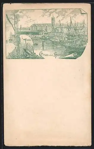 Lithographie Hamburg, Segelschiffe im Hafen