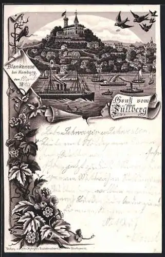 Vorläufer-Lithographie Blankenese bei Hamburg, 1894, Schiffe vor dem Süllberg