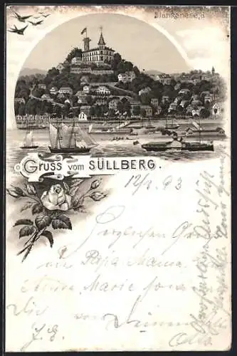 Vorläufer-Lithographie Hamburg-Altona, 1893, Restaurant auf dem Süllberg, Dampfer auf der Elbe