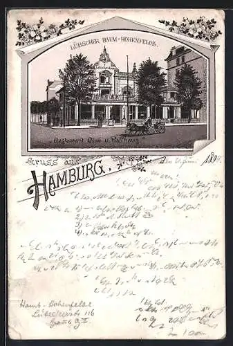 Vorläufer-Lithographie Hamburg-Hohenfelde, 1894, Restaurant Lübscher Baum mit Kutsche