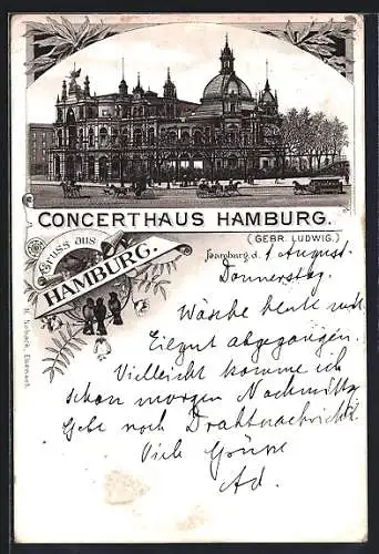 Vorläufer-Lithographie Hamburg-St.Pauli, 1895, Concerthaus der Gebr. Ludwig mit Kutschen