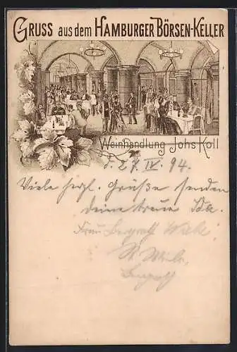 Vorläufer-Lithographie Hamburg, 1894, Restaurant Börsenkeller, Weinhandlung Johs. Kohl