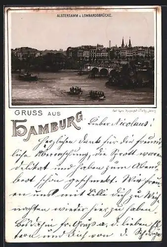 Vorläufer-Lithographie Hamburg, 1894, Alsterdamm und Lombardsbrücke