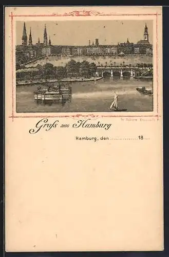 Lithographie Hamburg, Das Alsterbecken mit Booten