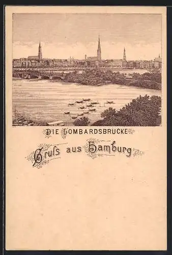 Lithographie Hamburg-Neustadt, Die Lombardsbrücke mit Alsterbecken