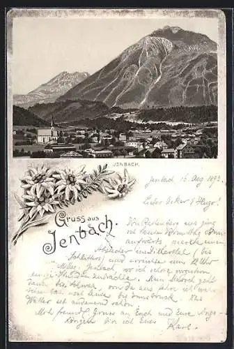 Vorläufer-Lithographie Jenbach, 1893, Totalansicht mit Bergpanorama im Edelweiss-Passepartout