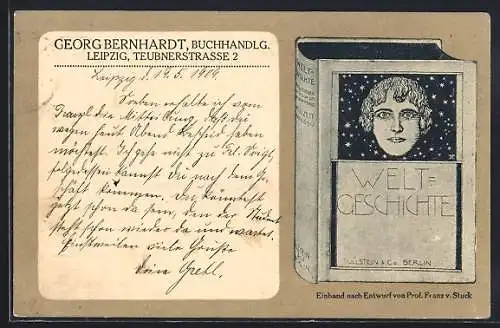 Künstler-AK Franz Stuck: Buch zur Weltgeschichte von Prof. Harttung, Jugendstil, Georg Bernhardt`s Buchhandlung