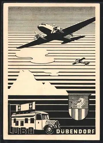 AK Dübendorf, Luftpost- und Briefmarken-Ausstellung 1941, Flugzeug am Himmel, Postbus, Wappen