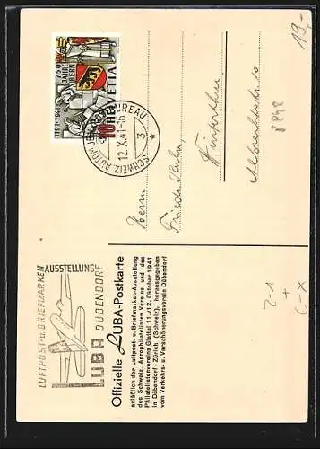 AK Dübendorf, Luftpost- und Briefmarken-Ausstellung 1941, Flugzeug am Himmel, Postbus, Wappen