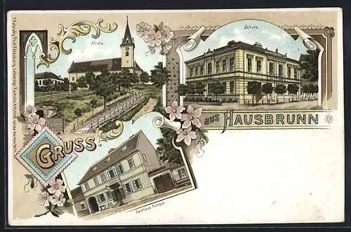 Lithographie Hausbrunn, Gasthaus Ribisch, Kirche und Schule