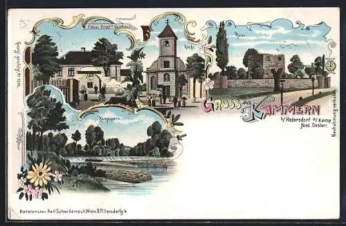 Lithographie Kammern b. Hadersdorf, Fabian Hirsch`s Gasthaus, Kampsperre, Kirche und Ruine