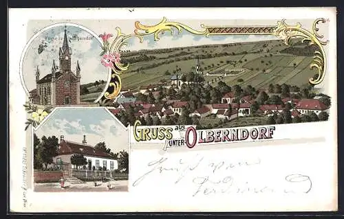 Lithographie Unter-Olberndorf, Kirche, Strassenpartie und Totalansicht