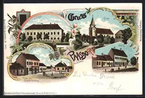 Lithographie Mistelbach /Nied.-Öst., Paasdorf, Eybel`s Handlung, Schule, Schloss und Kirche