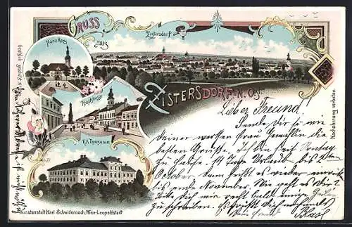 Lithographie Zistersdorf /N.-Oest., Hauptstrasse, K. k. Theresianum und Maria Moos