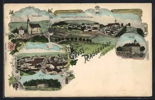 Lithographie Raggendorf /N.-Ö., Mühle, Schloss, Kirche und Schule, Blick zum Warthberg