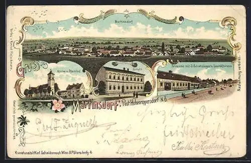 Lithographie Hohenruppersdorf /N.-Oe., Martinsdorf, Strasse mit J. Schatzinger`s Geschäft, Kirche und Pfarrhof, Schule