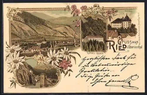 Lithographie Ried i. Oberinnthal, Kurhaus Obladis, Alt-Finstermünz und Schloss