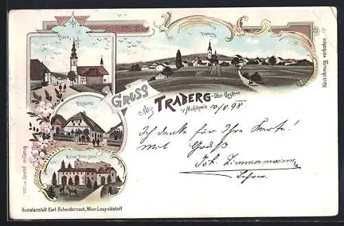 Lithographie Traberg i. Mühlkreis, Platz, Postamt, Ruine Piberstein, Fernblick zum Ort