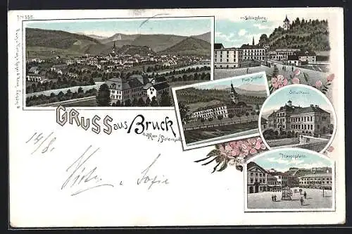 Lithographie Bruck an der Mur, Schlossberg, Schulhaus, Hauptplatz
